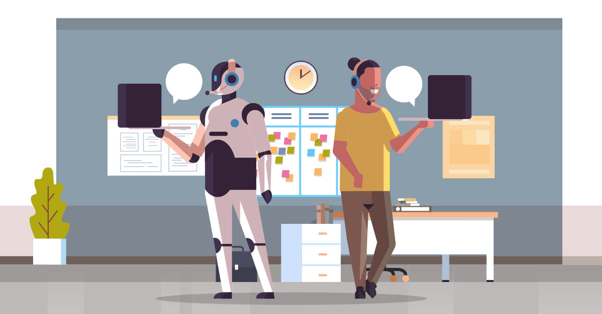 Robot and human work together for better customer support illustration