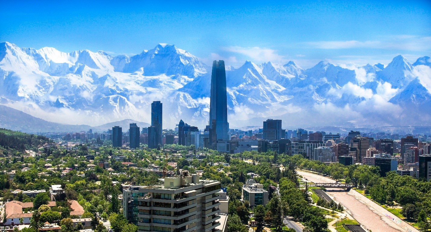 A view of the Chilean skyline with the city and mountains in the background