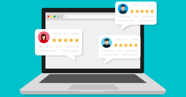 Illustration of laptop with five star customer reviews