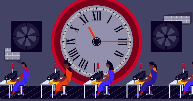 Apparel industry fair pay illustration Apparel industry workers and timeclock
