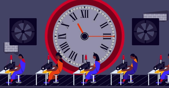 Apparel industry workers and timeclock