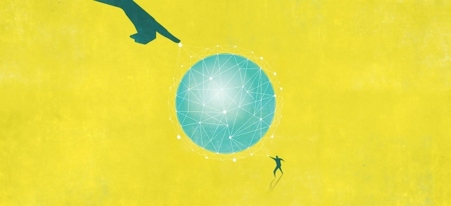 Illustration with an interconnected globe serving as a metaphor for multiple learning touchpoints