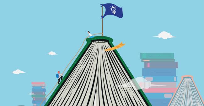 Two people climbing book mountain, learning together illustration