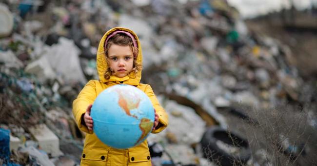 A child holds a globe in a big landfill