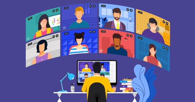 Employee doing e-learning with videochat screens illustration