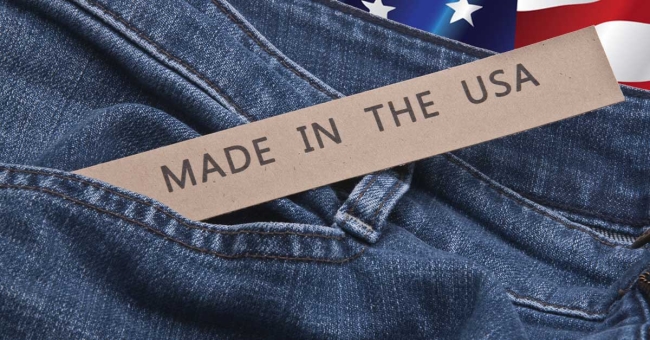 Denim jeans with made in the USA tag and flag