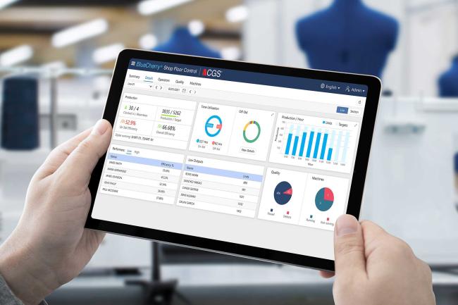 Shop floor control visibility in tablet dashboard Tablet with screenshot of dashboard in shop floor control