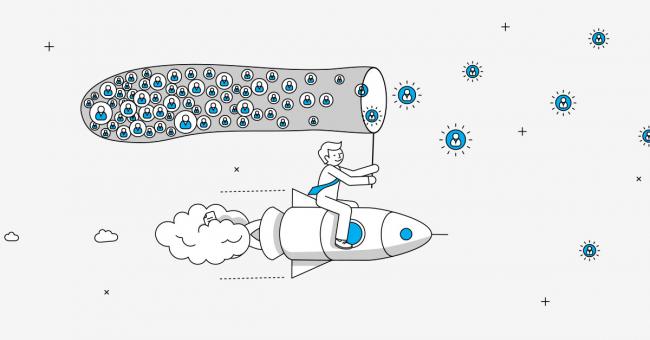 When channel strategy meets the subscription economy Businessperson on rocket collecting subscribers in a net illustration