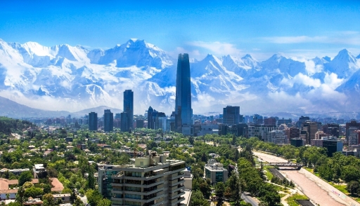 A view of the Chilean skyline with the city and mountains in the background