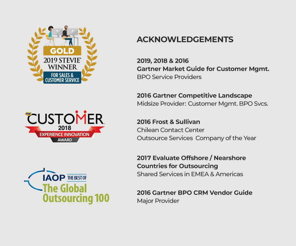 List of awards CGS has won for their BPO work including a Gold Stevie Award for outstanding customer service